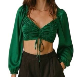 Urban Outfitters Emerald Green Ruched Crop Top Puff Sleeve Satin Tie Front